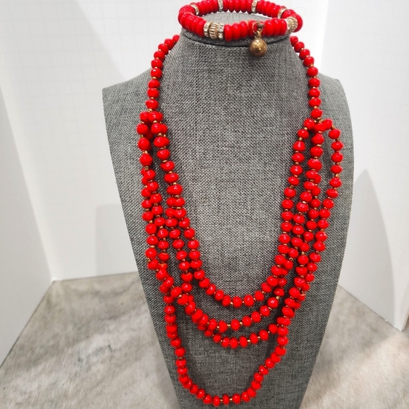 Teng Yue Multi-Strand Red Bead Necklace and Bracelet Set - Picture 1 of 12